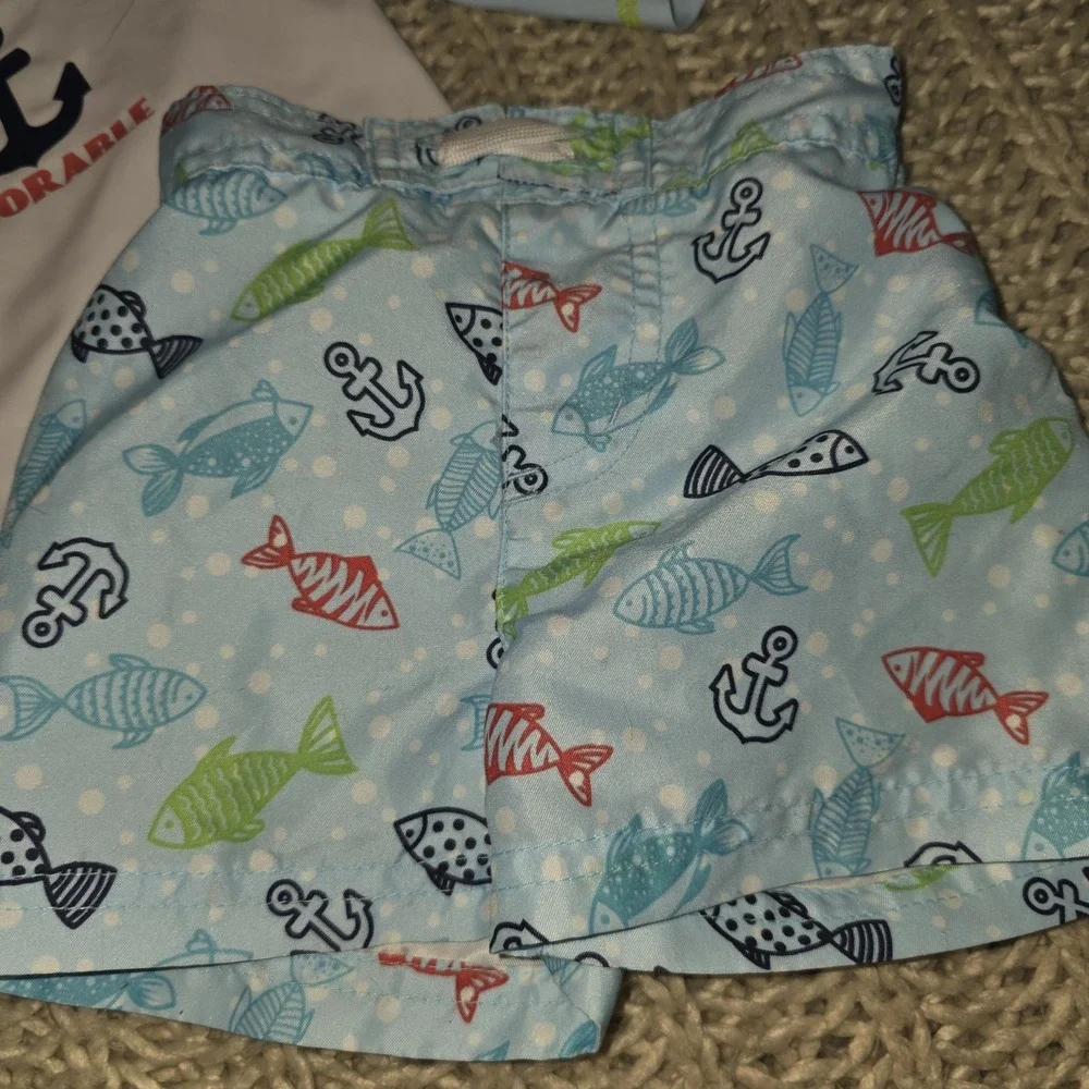 Little Boys Bathing Suit Set- Size 3-6mo Sun Shirt & Trunks Target Brand Beach